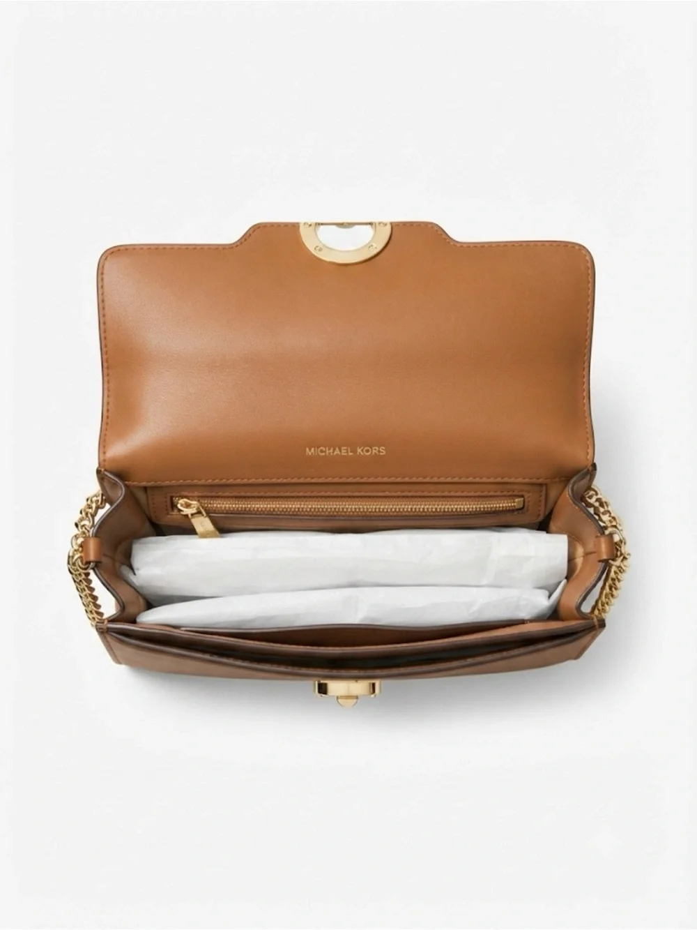 Michael Kors Brown and Tan Logo Satchel with Gold Chain